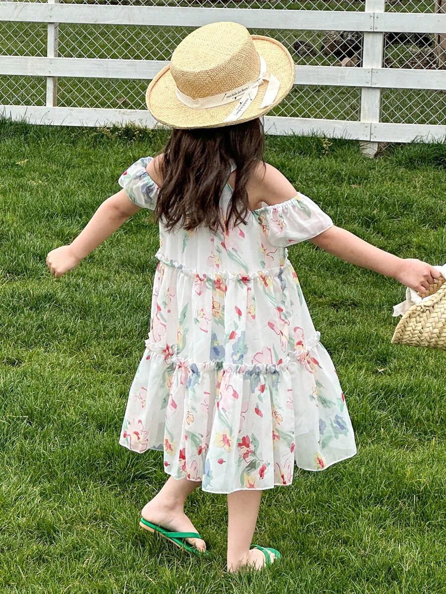 SHEIN Young Girl New Summer Stylish Floral Printed Vacation Dress - White - View 1