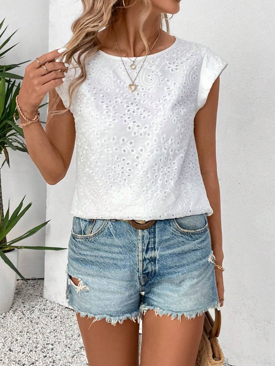 SHEIN LUNE Round Neck Mesh Embroidered Wide-Shouldered Casual Women's Shirt - White - View 1