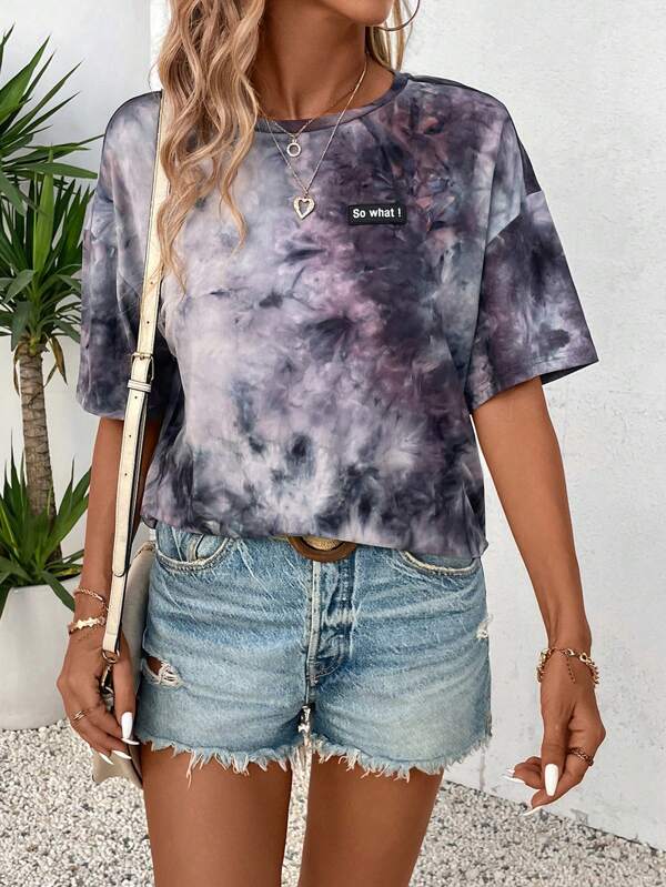 SHEIN LUNE Women's Summer Round Neck Short Sleeve Tie-Dye Printed Letter Embossed Casual Casual T-Shirt