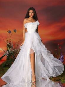 女裝3D花朵網紗雪紡蛋糕晚禮服 - 白色 - 查看 4