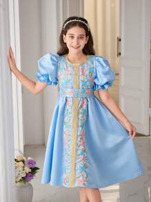 SHEIN Tween Girl Glamorous Round Neck Bubble Sleeve Midi Dress - Blue - View 4