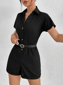 SHEIN PETITE Button Front Batwing Sleeve Romper Without Belt - Black - View 8