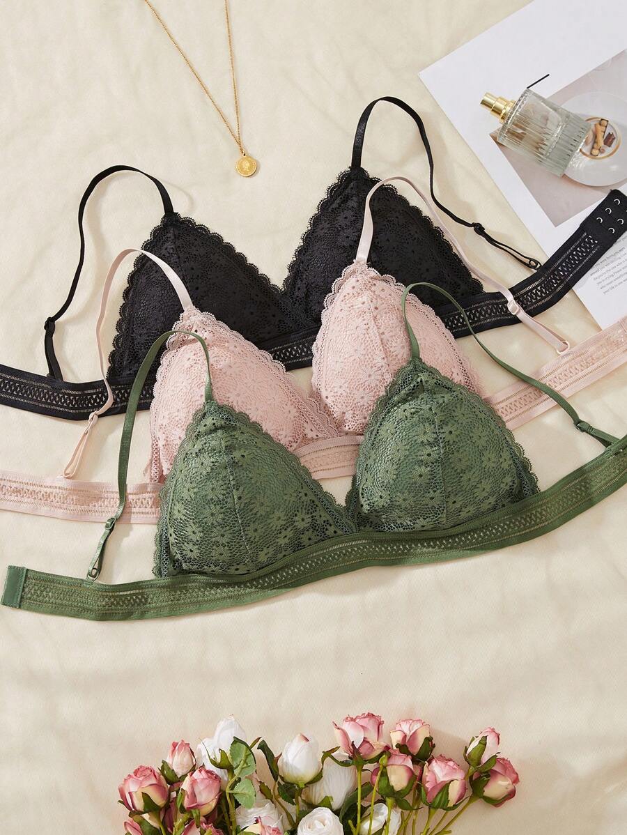 3 件套女士纯色蕾丝文胸内衣套装