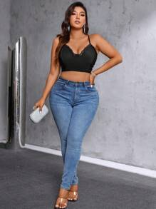 Allurite Plus Size Women's Summer Solid Color Splice Lace Cropped Slim Fit Camisole - Black - View 8