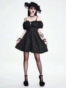 ROMWE Goth 哥德風格露肩蕾絲拼接紋理面料女式泡泡袖連衣裙 - 黑色 - 查看 2