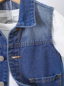 SHEIN Bộ 2 Cái/bộ Áo khoác denim không tay màu gradient giản dị dễ thương được giặt sạch và áo vest ống rộng và quần đùi denim ống rộng, dành cho mùa hè Bộ hai món - Rửa trung bình - Xem 7