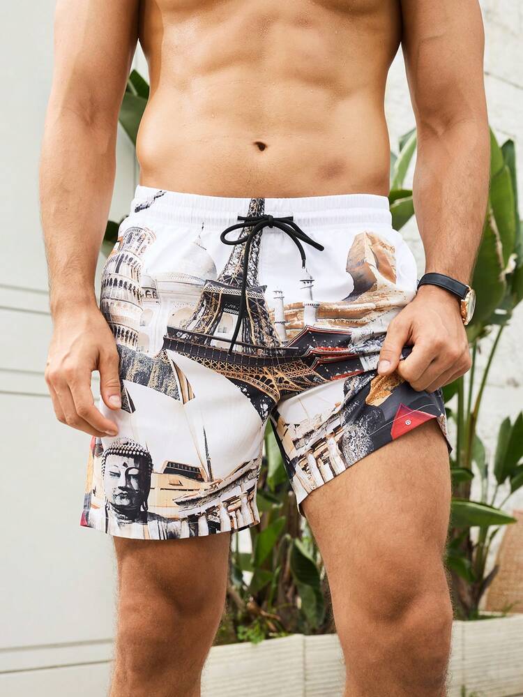 Men's Vacation Landmark Printed Drawstring Waist Beach Shorts