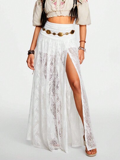 Hippie Jupe de vacances plissée unie avec des conceptions de fente inspirées par les feuilles