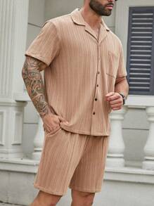 Manfinity Homme Men Plus Size Solid Color Casual Daily Spring Summer Short Sleeve Shirt And Shorts Set - Khaki - View 7