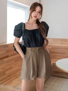 DAZY Quần short màu trơn đơn giản hàng ngày dành cho nữ - Màu Khaki - Xem 4