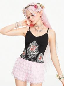 ROMWE Goth 復古優雅的宮廷風格藝術油畫紋理蕾絲印花修身女士背心 - 黑色 - 查看 3