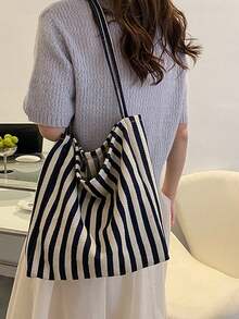 1入組條紋印花休閒帆布袋，大容量便攜式肩袋，簡約設計購物手提袋，女士便攜式肩袋大容量帆布袋購物腋下簡約條紋手提袋，返校季 - 藏蓝色 - 查看 4