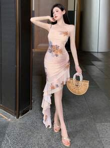 DAZY Vestido de verano de ajuste ceñido con estampado floral, bajo asimétrico, volantes y diseño espalda descubierta, vestido de cóctel de cumpleaños