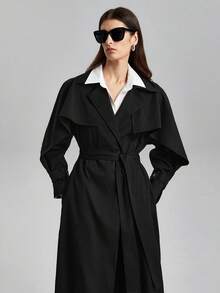 Ontre Ladies' Solid Color Trench Coat With Lapel Collar And Belt - Black - View 2
