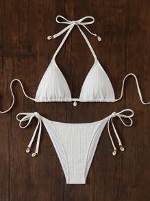 Women's Solid Color Halter Strap Sexy Bikini Set, Summer Beachwear - White - View 3
