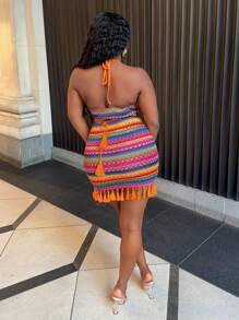 Slaydiva Plus Size Summer Casual Holiday Halter Neck Strap With Hollow Bead Decoration On The Waist, Tassel Rope Hem, Tassel Mini Dress, Colorful Striped Slim Dress, Women's Dress,Beach Dress Sundress,Holiday Outfits Boho