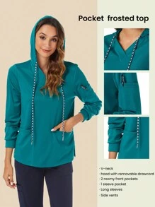 TaskEZ Shein Essnce Women Nurse Uniform Scrubs Summer Hooded Solid Color Long Sleeve  Uniform Top With Pocket - Green - View 2