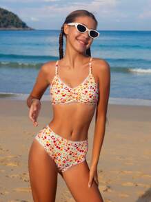 Tween Girl Printed Bikini Set With Beach Skirt Summer Beach - Multicolor - View 3