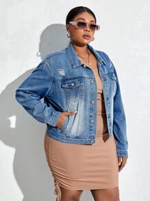 SHEIN SXY Plus Bleach Wash Drop Shoulder Ripped Denim Jacket