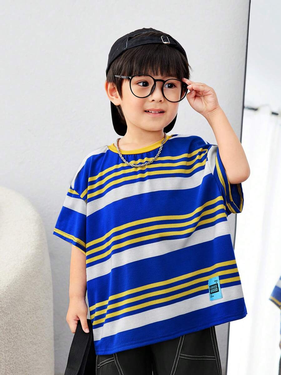 SHEIN Young Boy Casual And Comfortable English Woven Label Striped Short-Sleeved T-Shirt - Multicolor - View 1