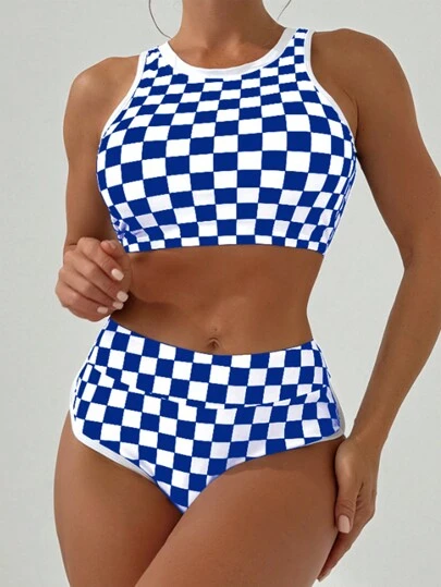 Women's Summer Beach Gingham Round Neck Bikini Set, Random Print