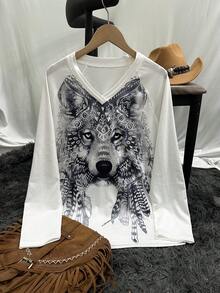3d Digital Wolf Printed Long Sleeve V-neck T-shirt - Multicolor - View 3