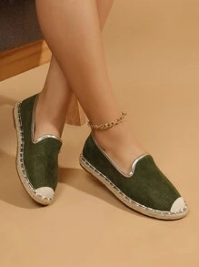 2025 新款女士时尚渔夫鞋，圆头纯色鞋面，撞色细边，防滑沙滩凉鞋，平底户外旅行度假麻绳编织平底鞋 - 軍綠色 - 查看 6