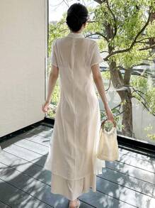 Modelyn Women's Simple Daily Short Sleeve Traditional Chinese Clothing Set, Solid Color, Hanfu Sets