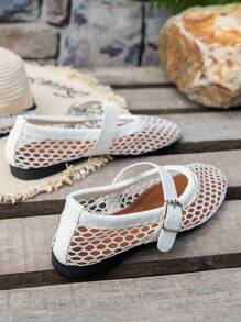 Giày ba lê đế bằng ren mũi tròn thoáng khí màu trắng cho nữ, đi giày lưới câu cá Mary Jane rỗng cho bà bầu, giày mẹ - trắng - Xem 5