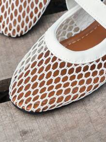 Giày ba lê đế bằng ren mũi tròn thoáng khí màu trắng cho nữ, đi giày lưới câu cá Mary Jane rỗng cho bà bầu, giày mẹ - trắng - Xem 7