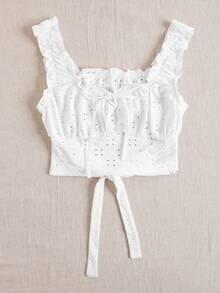 SHEIN VCAY Summer Holiday Knitted Solid Eyelet Embroidery Frill Trim Crop Tank Top