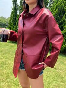 SHEIN EZwear Button Front Drop Shoulder  Red PU Leather Coat - Burgundy - View 4