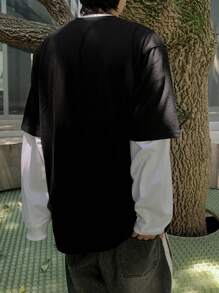 DAZY 男士夏季休閒合身字母印花圓領休閒T恤 - 黑色 - 查看 2