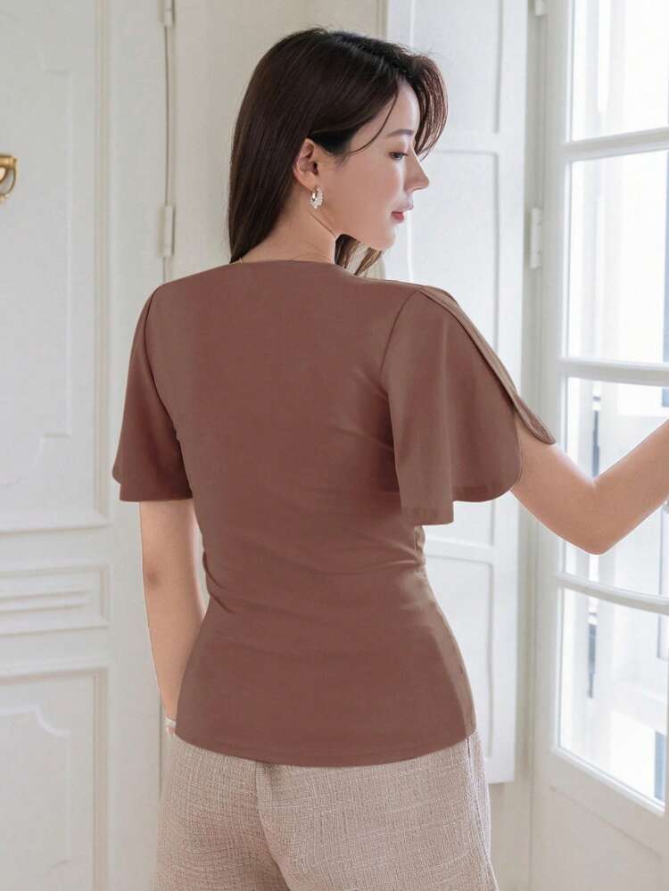 Women's Summer Solid Color V-Neck Ruffled Short Sleeve Wrap T-Shirt