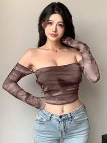 DAZY Áo trễ vai tay dài, dáng croptop lưới mỏng nhuộm tie-dye dành cho nữ, áo đi chơi lễ hội mùa hè, áo trễ vai, quần áo trở lại trường - màu nâu - Xem 3