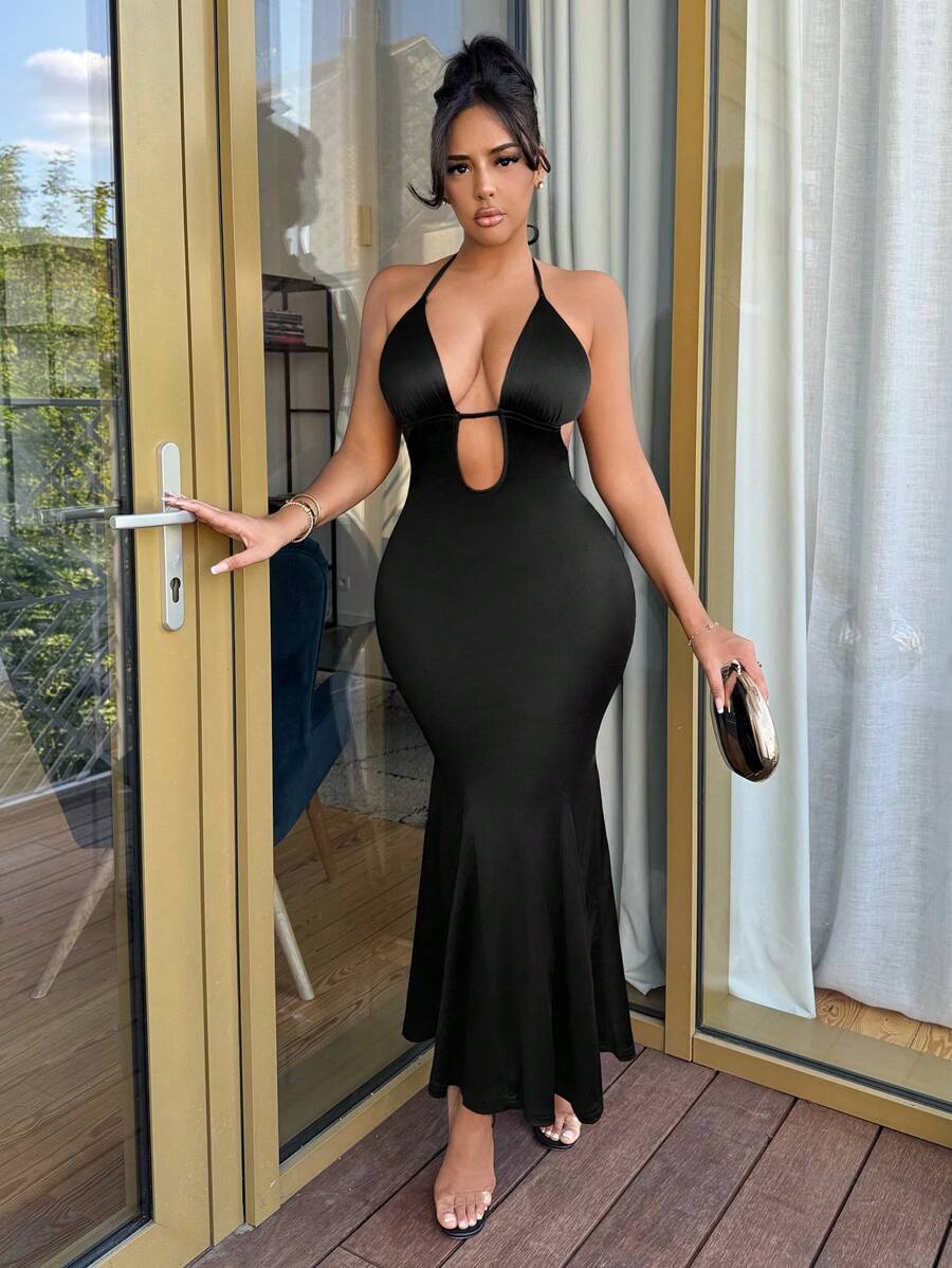 SHEIN SXY Váy nữ không tay cổ chữ U khoét hở lưng hình nàng tiên cá gợi cảm - màu đen - Xem 1