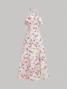 SHEIN MOD Vintage Summer High Slit Floral Dress With Romantic Ruffled Trim,Halter Neck Strap Cute Dress,Funny Party Dress,Summer Women Outfit,Dresses Graduation,Beach Women Dresses