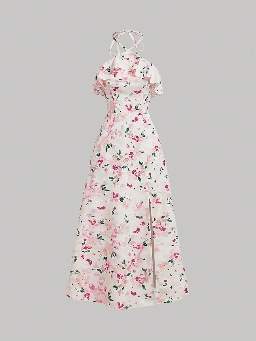 SHEIN MOD Vintage Summer High Slit Floral Dress With Romantic Ruffled Trim,Halter Neck Strap Cute Dress,Funny Party Dress,Summer Women Outfit,Dresses Graduation,Beach Women Dresses
