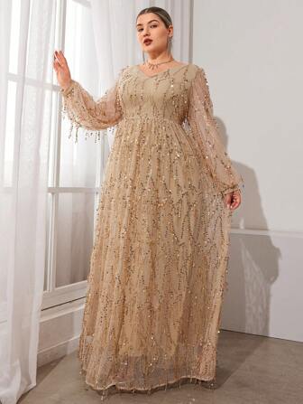 Plus Size Women Solid V-Neck Sequin Splice Elegant Long Sleeve Formal Party Dress (Embellished Style) Prom Evening Wedding Guest Gown, For Graduation, Dinner