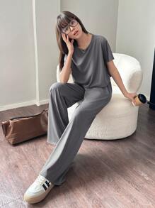 SHEIN Conjunto casual de dos piezas para niña adolescente, camiseta de manga corta y jersey de punto de unicolor con bolsillos inclinados y pantalones largos con cordón - Gris - Ver 6