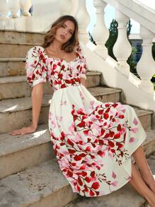 GENKIRA Floral Print Puff Sleeve Dress - Red - View 5