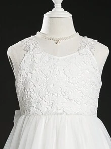 SHEIN Tween Cô Gái Mùa Cưới Ren Nối Lưới Nơ Áo Trắng Chính Thức Dạ Hội Cho Đám Cưới, Tiệc Sinh Nhật - trắng - Xem 7