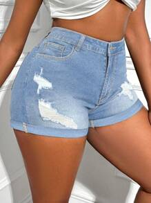 SHEIN SXY Plus Size High Waist Stretchy Denim Shorts With Ripped Edges, Sexy - Light Wash - View 6