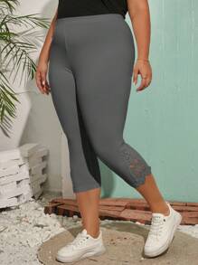SHEIN Frenchy Plus Size Women's Casual Lace Patchwork White Leggings Summer Bottoms - Grey - View 2