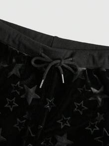 ROMWE Grunge Punk Star Print Drawstring Waist Velvet Shorts - Black - View 4