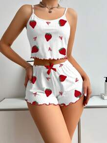 SHEIN Strawberry Printed Camisole And Shorts Pajama Set White Set - White - View 5