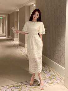 DAZY Femei Eleganta Maneca Scurta Scobit Rochie Solid Color Rochie Bal Rochie Sundress - Bej - Vizualizare 9
