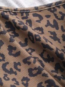 DAZY 女士方领紧身罗纹豹纹长袖T恤，秋季女装外出上衣 - 棕色 - 查看 7