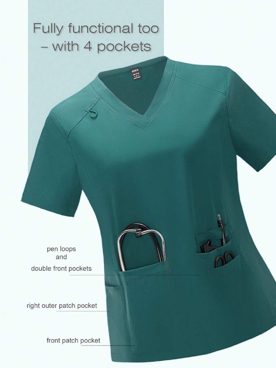SHEIN TaskFit Comfortable And Well-Fitted V-Neck Short Sleeve Scrub Top With Multiple Pockets And Ear Details - Dark Green - View 1