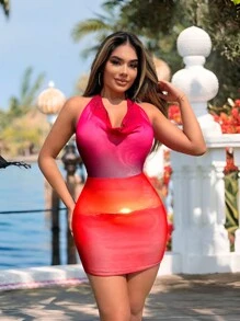 SHEIN SXY Gradient Rainbow Sunset Print Halter Neck Backless Slim Fit Mini Dress Holiday Sexy Summer Beach Vacation Boho Women Outfit Pride Clothes Western Wear Birthday Outfit Bachelorette Party Concert Club Graduation Party White